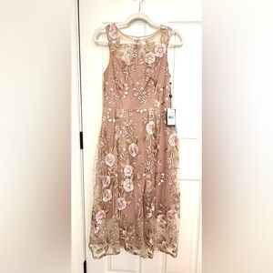 Adrianna Papell Midi Dress in Blush/Mauve/Taupe with Sheer Overlay.